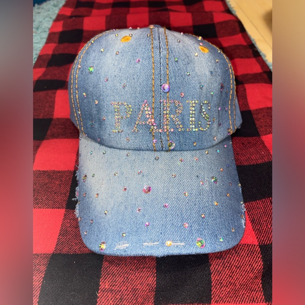 Light Denim “PARIS” Studded Baseball Cap